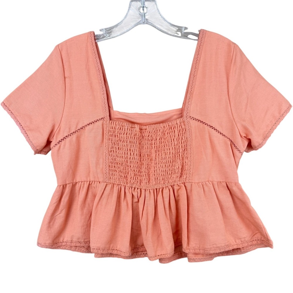 Midnight Sky Linen Blend Babydoll Top Sz M Smocked Ruffle Peplum Milkmaid Fairy - Picture 4 of 12